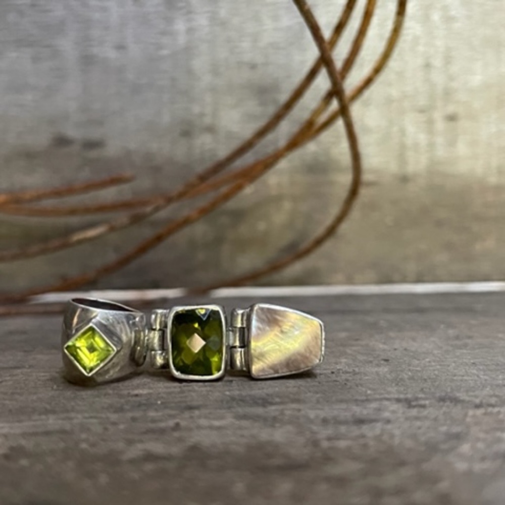 Vintage Acleoni Sterling Silver Pendant Necklace Peridot, Diopside, Sand MOP